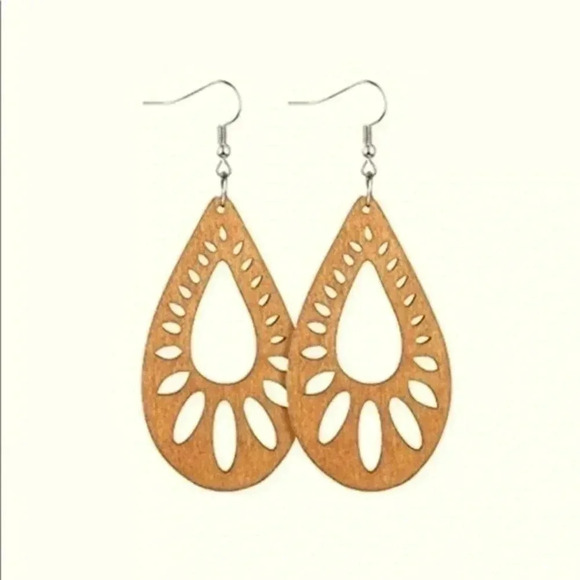 Laser Cut Open Large Petal Teardrop Wood Wooden Drop Earrings - Picture 1 of 3